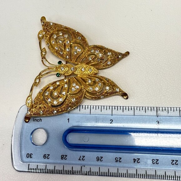 Ornate Butterfly Brooch Pin Gold-Tone Sparkly Rhinestone 2.5" Statement - Picture 7 of 8
